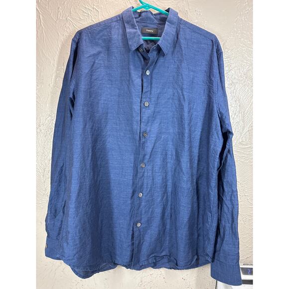 Theory Men's Rammy Linen Cotton Button Up Long Sleeve Shirt Navy Blue Size XL - Picture 1 of 5